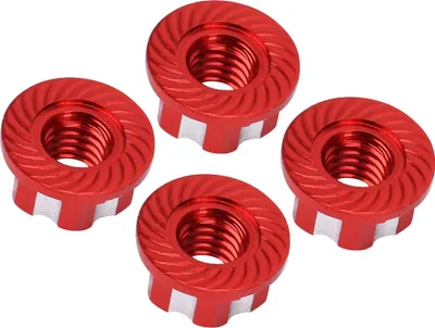 Imagen del producto de 4 tuercas hexagonales de aluminio para grabado, compatibles con coches de control remoto HSP Sakura D3 D4 a escala 1/10. Color: rojo