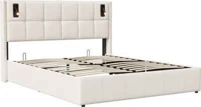 Image de Fortuna Lai Lit capitonné 140x200cm avec sommier à lattes, lit boxspring hydraulique avec liseuse, lit de rangement double, velours, beige