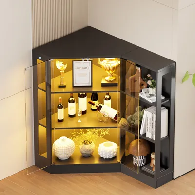 Produktbild von Eckvitrine Glasvitrine verstellbaren Böden LED & gehärtetem Glas Offene Regale 100cm Eckglasanzeigeschrank Hochschrank Bücherregal Spielzeug, Bücher