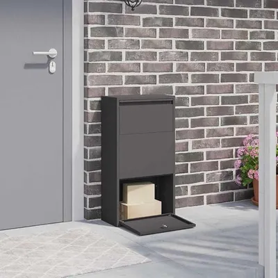 Produktbild von Paketbriefkasten Schwarz 44x22x82cm - Abschließbare Paketbox aus Stahl für Lieferungen, Wetterfeste Paketstation für den Außenbereich