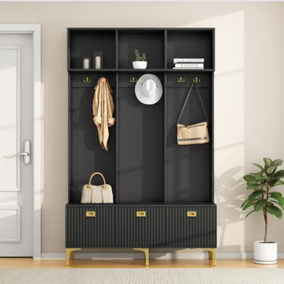 Produktbild von Garderobenset mit Bank, multifunktionale Aufbewahrungsbank, offene Aufbewahrung mit Haken für Flur, Wohnzimmer,B120/D40/H191.5CM