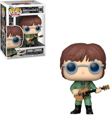A Funko Pop! figure of John Lennon in his military jacket, holding a guitar, displayed next to its packaging.