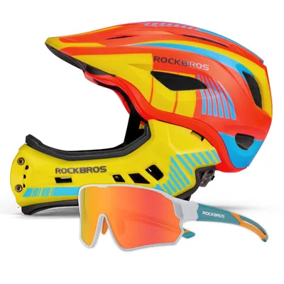 Zdjęcie produktu dla Okulary rowerowe dla dzieci ROCKBROS z filtrem polaryzacyjnym UV400, białe, w zestawie z pełnym kaskiem rowerowym dla dzieci w kolorze pomarańczowo-żółtym, rozmiar 48–52 cm