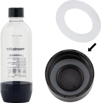 A SodaStream bottle and its cap with a gasket are shown against a white background.