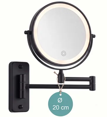 Produktbild von Relaxdays Kosmetikspiegel Wand, mit LED-Beleuchtung, 10-fach, 360° drehbar, Ø 20 cm, Metall, Akku, USB, schwarz