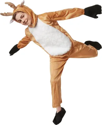A child wearing a deer costume, posing dynamically.