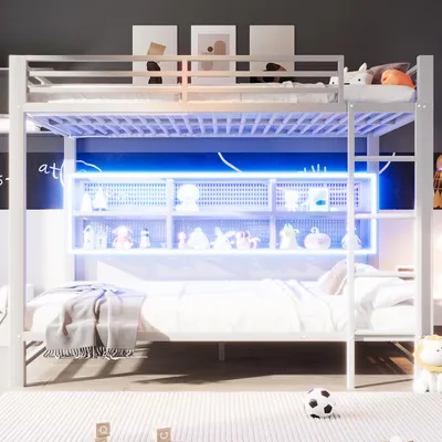 Produktbild von Flieks Etagenbett Metallbett 140x200cm mit offenen Staufächern, Kinderbett Hochbett mit Led, Jugendbett Doppelbett mit Lattenrost und Rausfallschutz