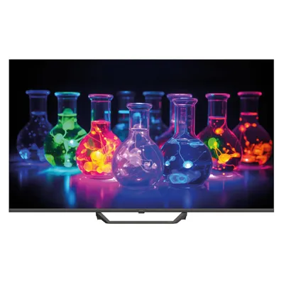 A row of colorful laboratory flasks filled with glowing liquid and lights, displayed on a reflective surface against a black background.