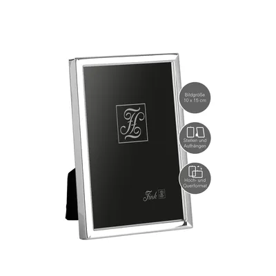 A silver-colored picture frame with a black insert is shown against a white background. Text and icons are present on the right side of the frame.