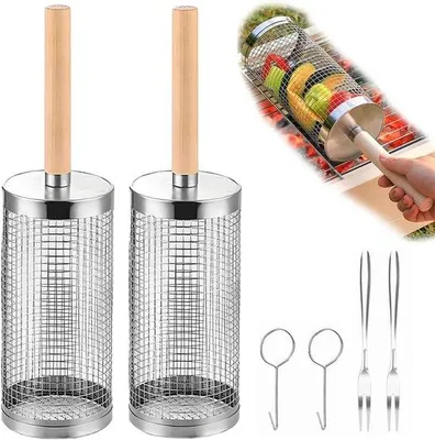 Image de Lot de deux brochettes à roulettes, accessoires pour barbecue - Cylindres pour barbecue - Accessoires pour barbecue en acier inoxydable - Brochettes pour légumes et crevettes avec manche en bois, chariot à barbecue à roulettes