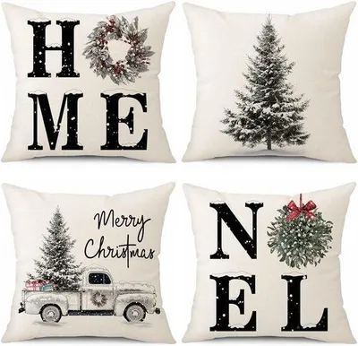 Produktbild von Unyqoos® 4er-Set weihnachtliche Kissenhüllen, 100% Polyester – dekorative Kissenbezüge mit Weihnachtsmotiv und unsichtbarem Reißverschluss