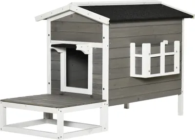 Produktbild von PawHut Katzenhaus aus Holz, Katzenhütte Outdoor Katzenhöhle Kleintierhaus mit Terrasse und Balkon für Katzen Hunde Tannenholz Grau + Weiß 115 x 66,5 x 74,7 cm