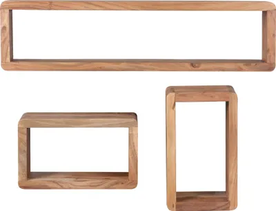 Produktbild von Design Wandregal 3er Set BOHA Massiv Holzregale Akazie Landhausstil, Rustikales Wandregal-Set Holz, Hängeregal Viereckig Echtholz, Wand-Regale, Hängend Würfel, Regal Wandkästen Eckig
