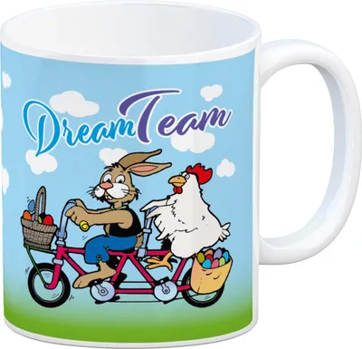 Produktbild von Osterhase und Huhn auf Tandem Kaffeebecher Thema Ostern