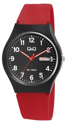 Produktbild von Q&Q Uni Armbanduhr Kunststoff, Silikonarmband, Datum, schwarz/rot, 10 Bar, D 38 mm