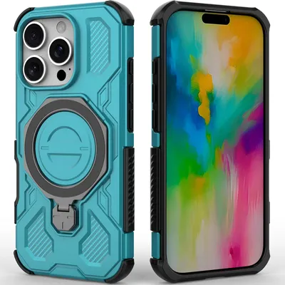 Image de Housse de téléphone portable durable pour iPhone 16 Pro, étui robuste avec anneau, support magnétique et support vert menthe