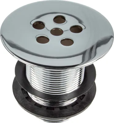 A chrome-plated drain fitting with a rubber gasket.