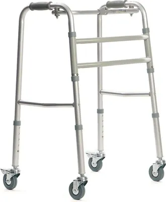 A studio shot of a walker with wheels.