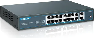 Zdjęcie produktu dla YuanLey 18-portowy przełącznik PoE, 16 portów PoE+ 100 Mb/s, 2 łącza Gigabit, zintegrowany zasilacz 250 W
