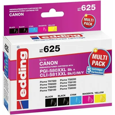 Produktbild von Edding EDD-625 Druckerpatronen Multipack, Text-Schwarz, Foto-Schwarz, Cyan, Magenta, Gelb kompatibel zu Canon PGI-580XXLBK/CLI-581XXLBK/C/M/Y Multipack 5, Schwarz, Cyan, Magenta, Foto schwarz, Gelb, 25 ml, 10,5 ml, 5 Stück(e), 690 Seiten, Multipack
