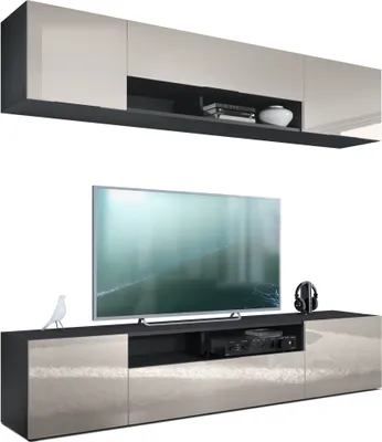Produktbild von Vladon Wohnwand Mogan, Schwarz matt/Sandgrau Hochglanz - Moderne Anbauwand bestehend aus 2 TV-Boards (181 x 147 x 35 cm)