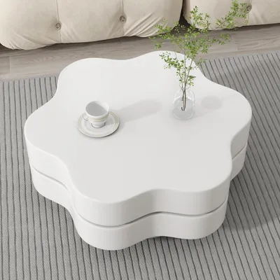 Image de OKWISH Table Basse Ronde - Meuble de Salon avec Plateau Rotatif 360° et Design Moderne, MDF, Blanc Crème, 74,8×67,5×31 cm