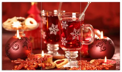 Produktbild von Wallario Herdabdeckplatte aus Glas, Größe 90 x 52 cm 3-teilig, Motiv Heißer Winterpunsch mit Kerzen