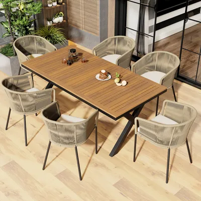 Produktbild von okwish Gartenlounge Set(7-tlg)Gartenmöbel-Set, Garten-Essgruppe für 6 Personen mit 6 Sessel und 1 Tisch- Beige