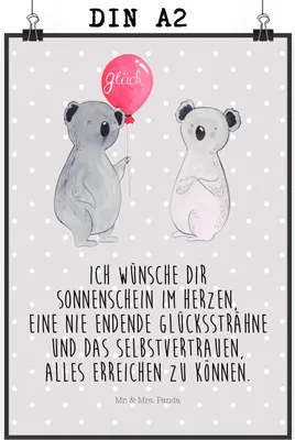 Produktbild von Mr. & Mrs. Panda Bild Koala Luftballon DIN A2 - Grau Pastell - Geschenk, Party, Kunstdruck, Wandschmuck, Posterdruck, wanddeko, drucke, Geburtstag