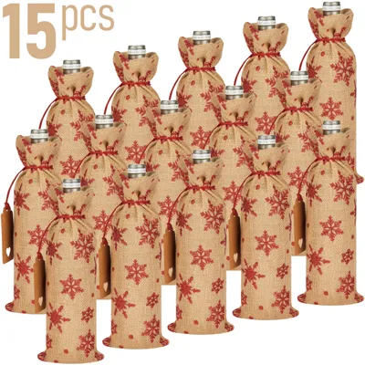 Produktbild von BRUBAKER Weinbeutel für Weihnachten - Schneeflocken Rot - 36 x 17 cm aus Jute - Weintasche Sack Geschenk für Wein, Sekt und Champagner, 15 Stück