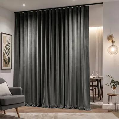 Immagine prodotto di Tenda in velluto extra larga, oscurante, termica, divisoria per ambienti, per porte, con binario, per soggiorno o camera da letto, colore grigio, dimensioni 254 x 214 cm