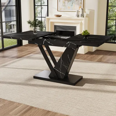 Zdjęcie produktu dla Stół rozkładany teleskopowy (120-160x75x75,5 cm), stół z możliwością wydłużenia, z wzorem marmuru w kolorze czarnym, idealny do kuchni i salonu