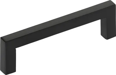 A close-up, studio shot of a black cabinet handle.