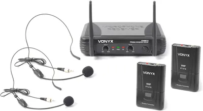 Produktbild von Skytec STWM712H VHF-Funkmikrofon-Set  kabellos , 2 Kanäle, (50m Reichweite, 2 Headset-Mikrofone, 2 Sender, XLR) schwarz