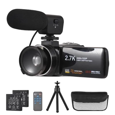 Produktbild von Andoer 2.7K Digital Videokamera Camcorder DV Recorder 48MP 16X Digital Zoom 3.0 Zoll IPS Touch Panel Unterstuetzt Gesichtserkennung Beauty Face Smile Capture Anti-Shake mit 2 Batterien + Fernbedienung + Ministativ + Tragetasche + Externes Mikrofon + 0.45X Weitwinkel-Makroobjektiv