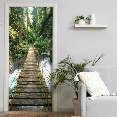 Produktbild von Türtapete selbstklebend | 200 x 90 cm Alte Hängebrücke Wasserfall | Tür Aufkleber Poster Türfolie | Einteilig | Wasserfest 3D Türaufkleber Klebefolie Wandtattoo
