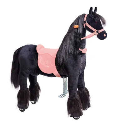A black mechanical horse toy with a pink saddle and bridle, shown on a white background.
