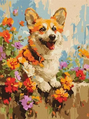 Image de Peinture par numéros - Corgi parmi les fleurs 30 x 40 cm - Ideyka