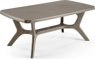 A brown rectangular outdoor table with a modern design, shown from a slightly elevated angle against a white background.