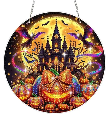 Image de Kit de loisirs créatifs pour adultes et enfants : pendentif "peinture diamant" sur le thème d'Halloween, avec un motif de citrouille et de fenêtre