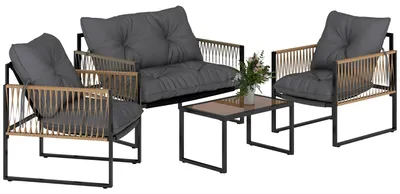 Produktbild von Outsunny 4 tlg. Rattan Gartenmöbel-Set, Sitzgruppe mit Kissen Stahl, Braun