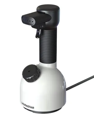 A white and black Laurastar portable steam cleaner is shown against a white background.