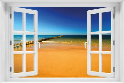 Produktbild von Wallario Poster mit Fenster-Illusion: Sandstrand in orange - Blaues Meer - Blauer Himmel, Größe: 61 x 91,5 cm (Maxiposter)