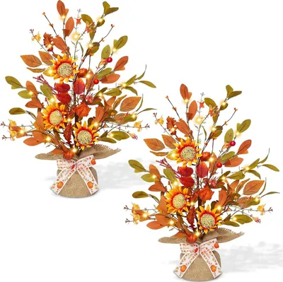 Produktbild von [2er-Pack] Herbst-Erntedank-Dekoration, Tisch-Herbstbaum mit batteriebetriebenen, Eukalyptus, Ahornbaum, Sackleinen, Schleife, Sonnenblumen, Beeren, Herbstdekoration für die Tischdekoration zu Hause