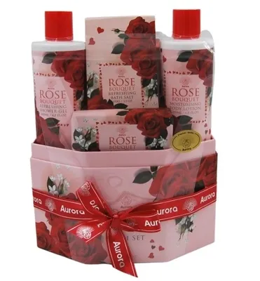 Imagen del producto de Cuidado corporal de lujo con aroma a rosa: Set que incluye gel de ducha, champú, jabón y sal de baño.