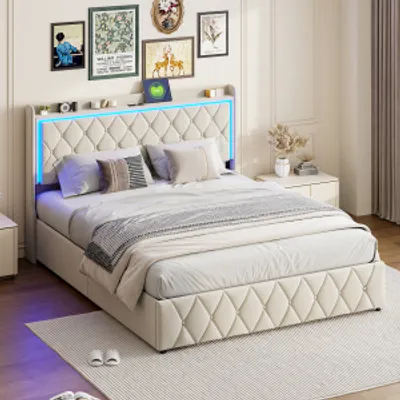 Produktbild von ProximaX Beige-Polsterbett 160x200cm mit LED-Licht, USB-Aufladung, Hydraulik, Stauraum, Samtbezug, Doppelbett-Holz-Boxspringbett
