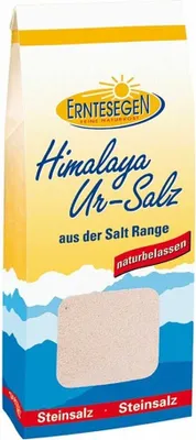 A bag of Himalayan rock salt with a picture of the salt crystals and a mountain landscape illustration.