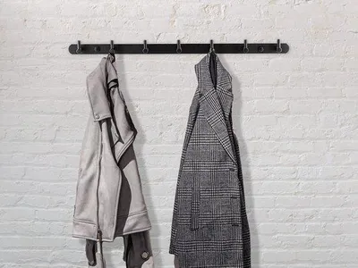 Image de Porte-manteau mural en acier inoxydable, 7 crochets, noir – Barre de suspension murale compacte et résistante à la corrosion, avec matériel de montage, idéale pour l'entrée, la salle de bain ou la cuisine