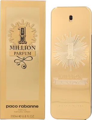 A product shot of a gold-colored perfume bottle and its packaging.