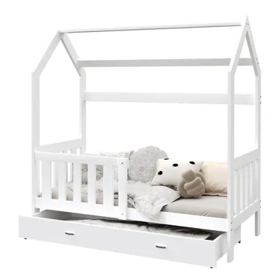 Produktbild von Bett PLUTO Häuschenbett 80x160 cm Kinderbett mit Schublade Lattenrost Rausfallschutz weiß